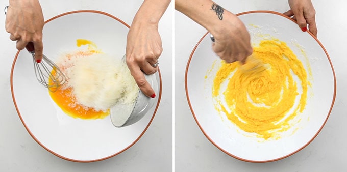 Collage of eggs, yolks and grated cheese being whisked together in large bowl to make carbonara sauce