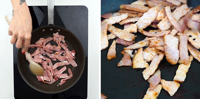 Frying lean bacon to make Slimming World Carbonara collage