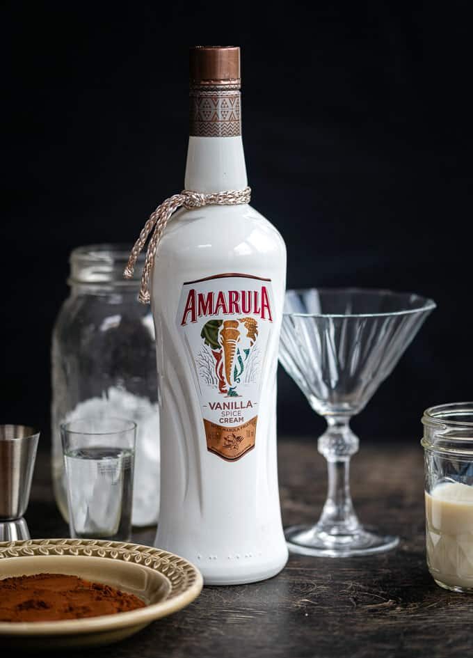 Ingredients for chocolate martini including Amarula vanilla spice cream liqueur