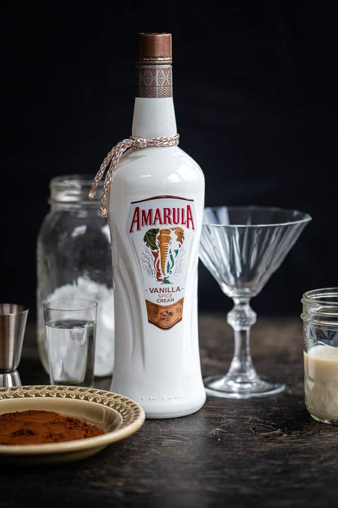 Ingredients for chocolate martini including Amarula vanilla spice cream liqueur