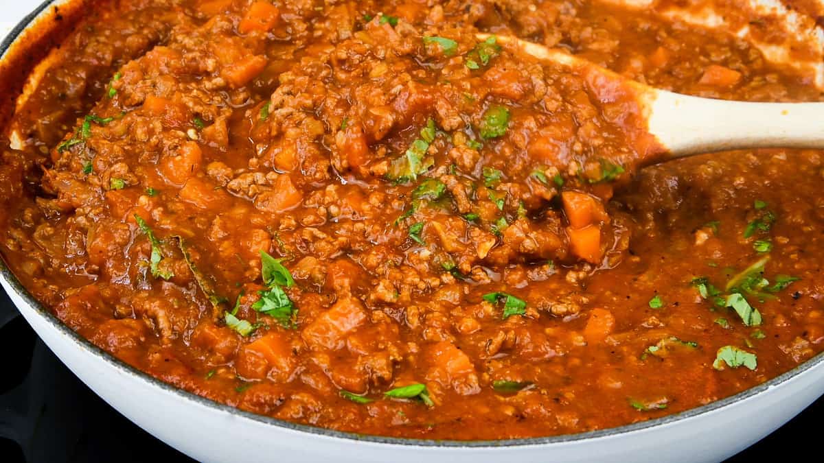 Rich bolognese sauce in a pan