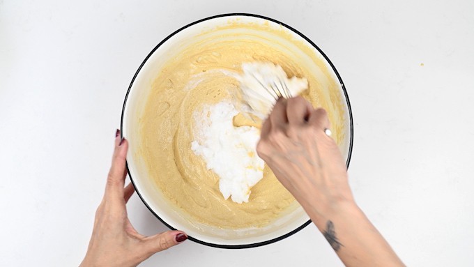 Folding egg whites into cake batter