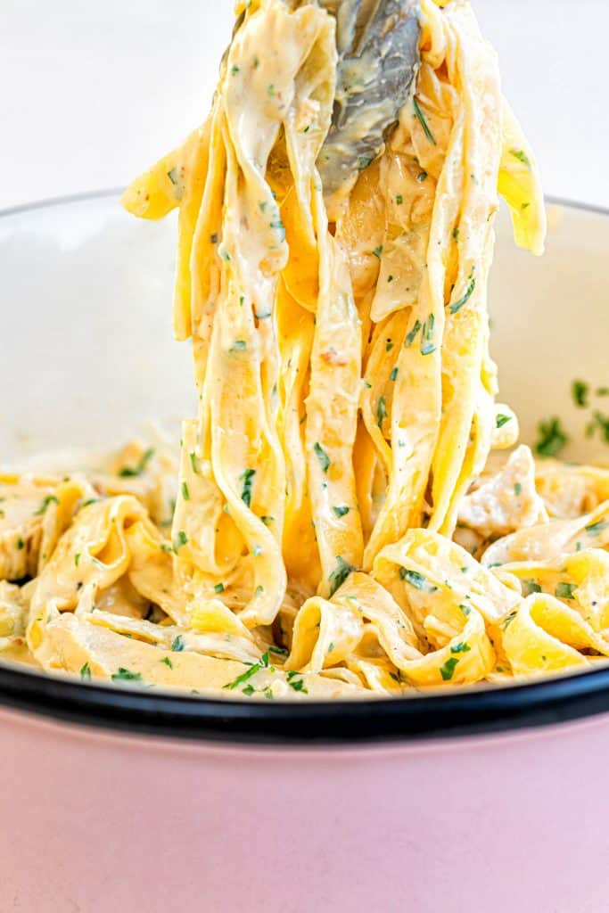 Close up on creamy pasta with chicken in a bowl