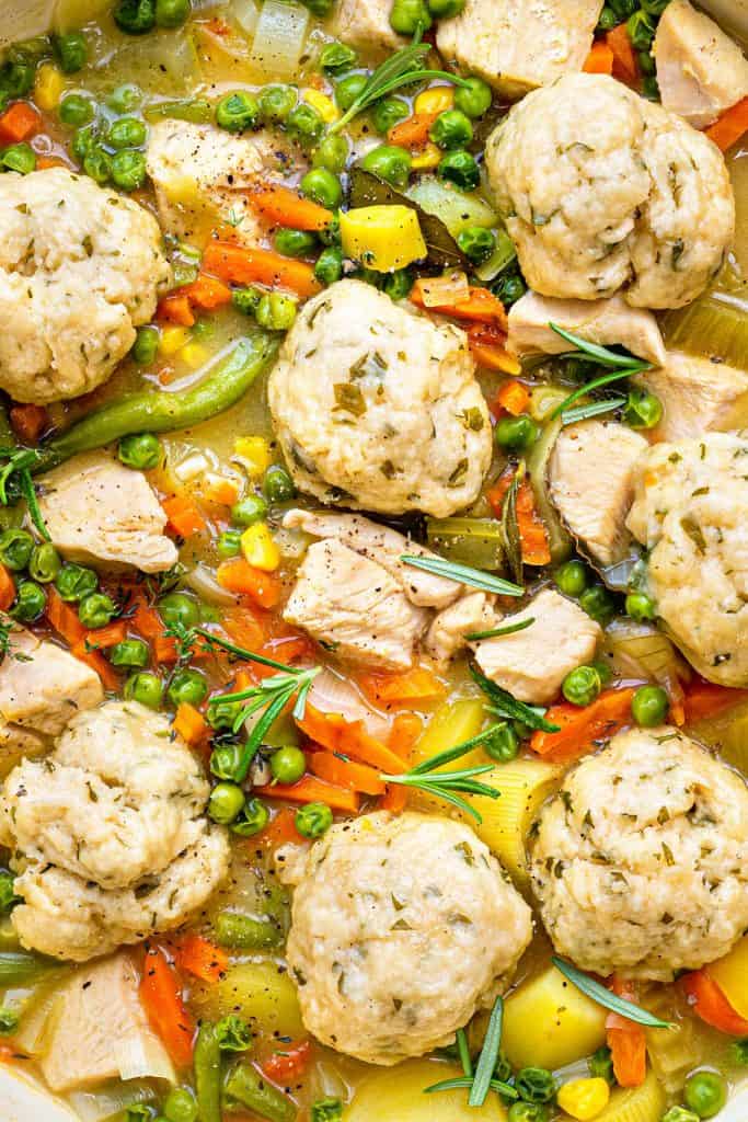 Close up on chicken and dumplings