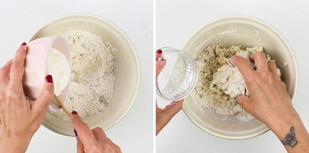 preparing dumplings in a mixing bowl collage