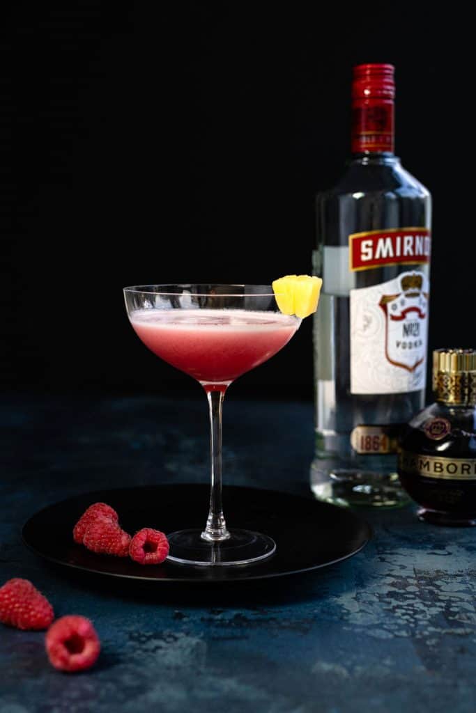 French Martini ingredients - vodka, Chambord and pineapple 