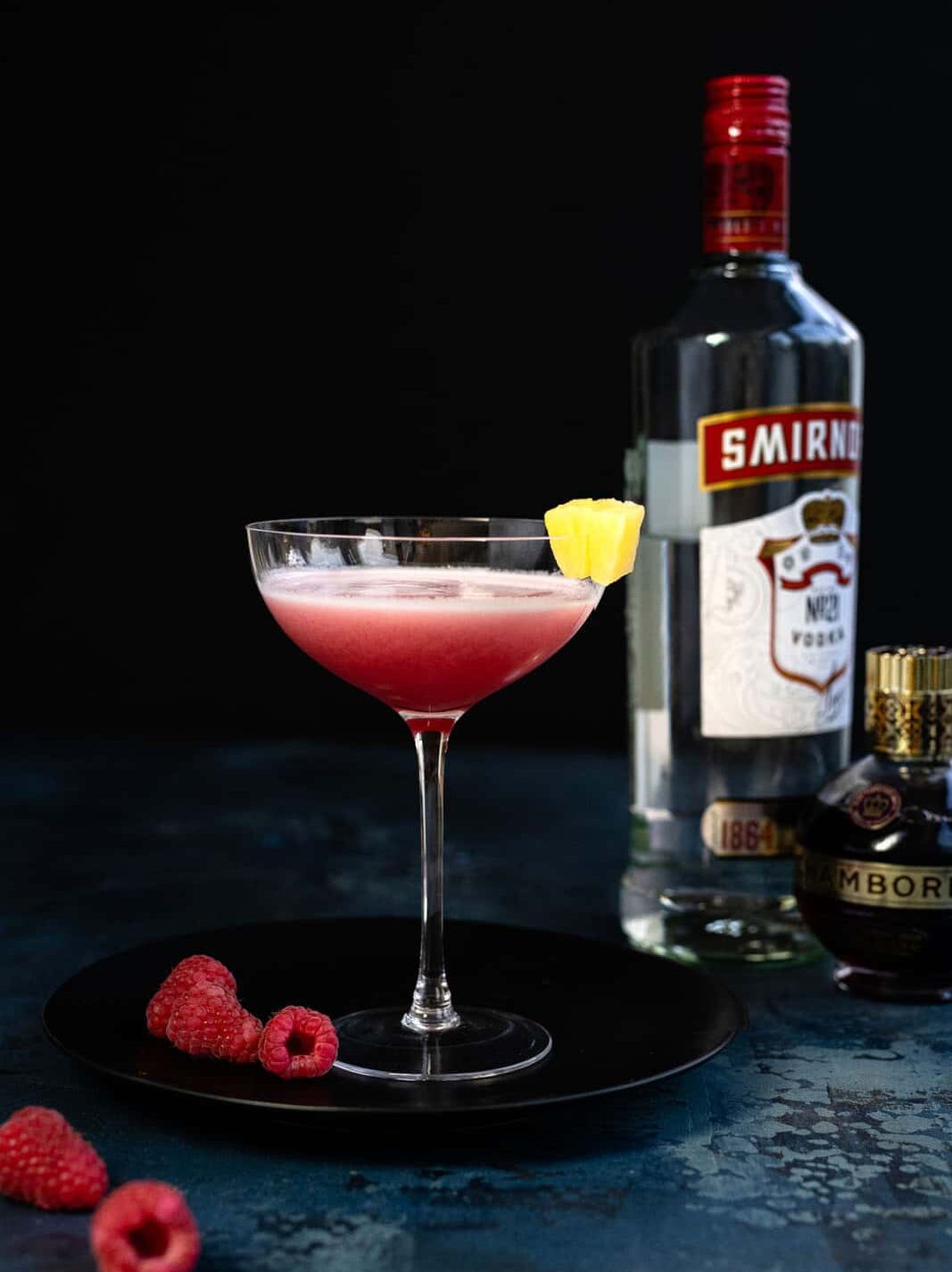 French Martini ingredients - vodka, Chambord and pineapple