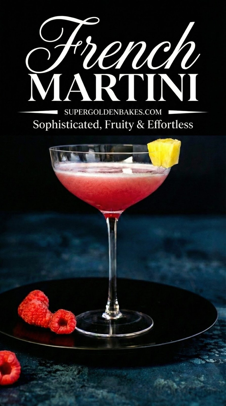 A French Martini in a coupe glass, garnished with a pineapple wedge and served on a black plate with fresh raspberries. Text above reads: French Martini. Sophisticated, Fruity & Effortless—your perfect French Martini moment.