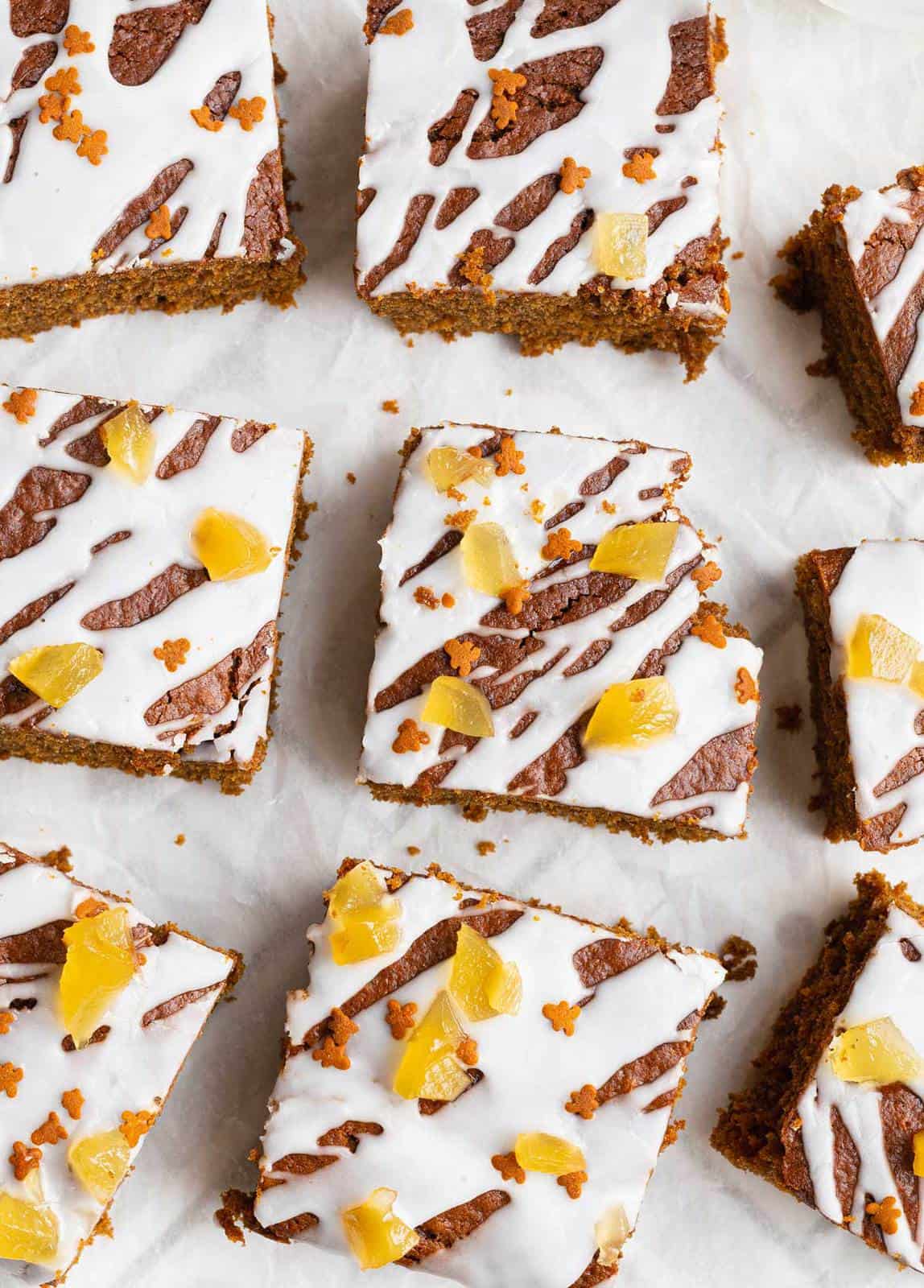 Ginger Cake with icing sugar glaze cut into squares