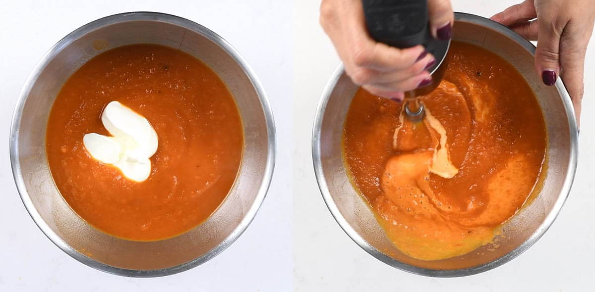 Stirring yogurt into Slimming World tomato soup