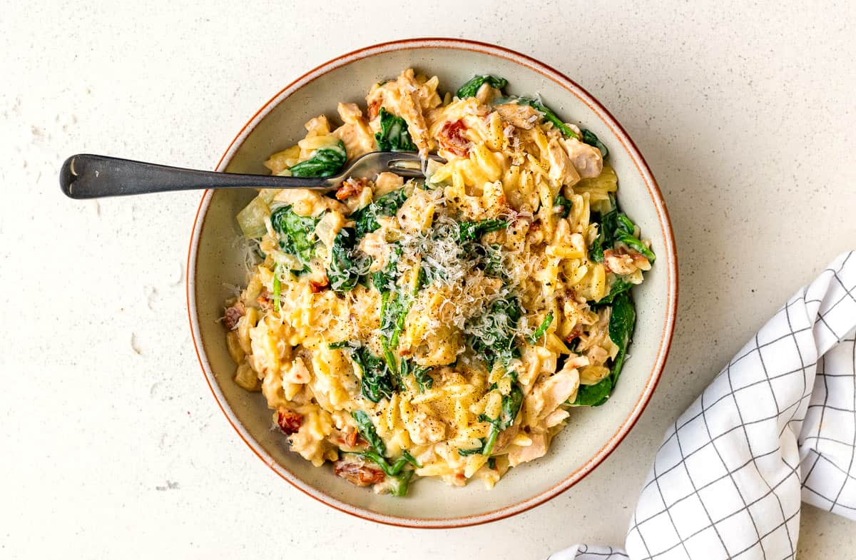 Bowl of orzo pasta with turkey, spinach and sun-dried tomatoes