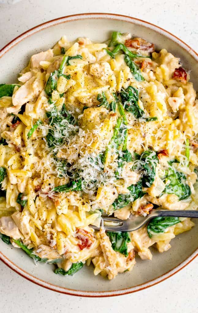 Close up on a bowl of creamy orzo and turkey with spinach