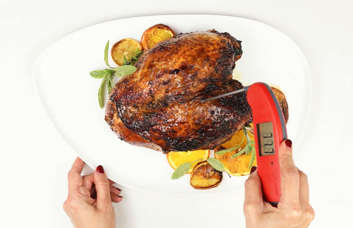 Checking turkey crown temperature for doneness using digital thermometer