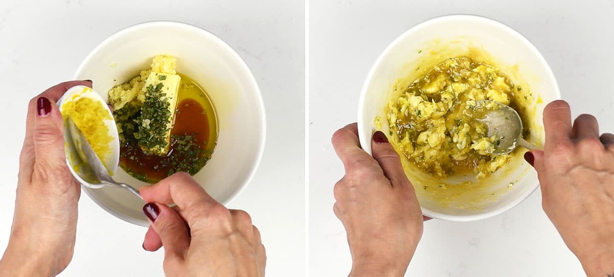 Příprava česnekového bylinkového másla pro krůtí korunu