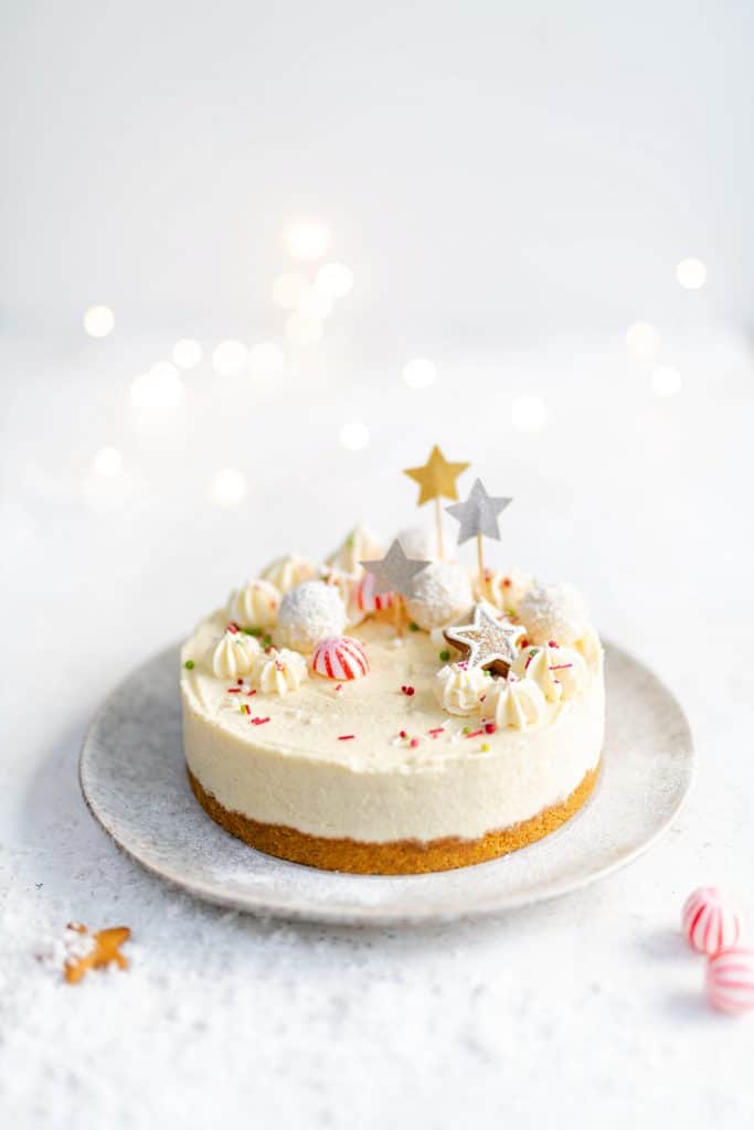 White Chocolate No Bake Cheesecake in a festive setting