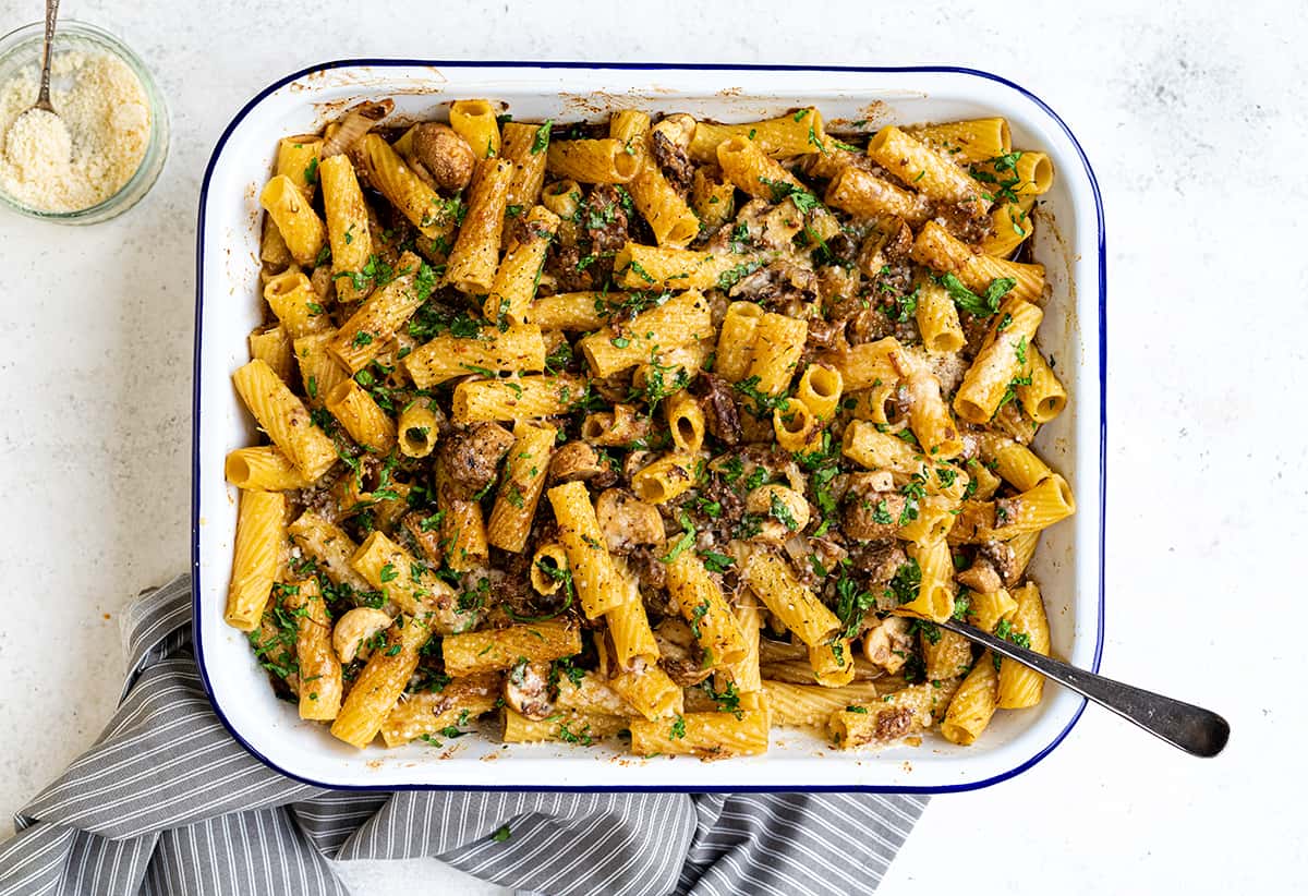 Beef and mushroom pasta bake in a baking dish