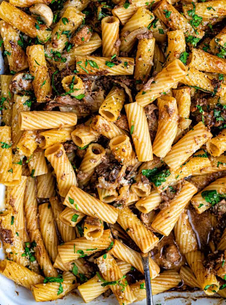 Close up on pasta bake with beef and mushrooms