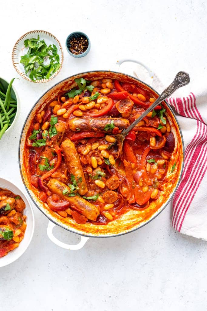 Sausage casserole in a shallow pan 