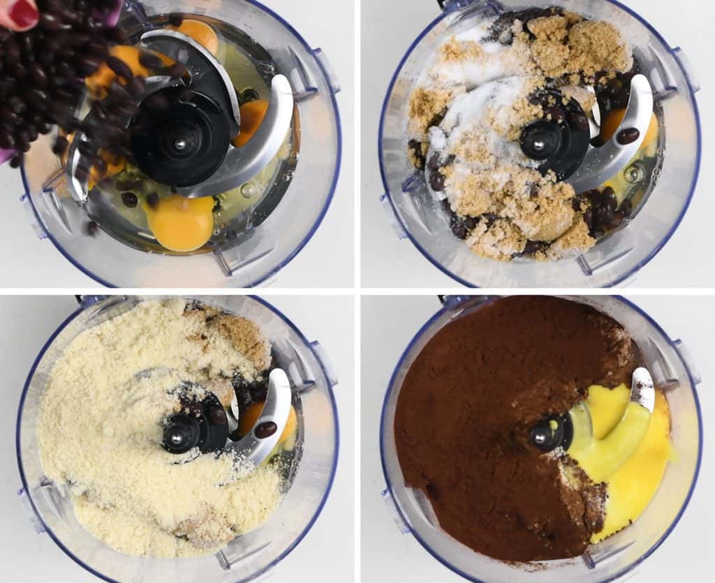 Preparing healthy chocolate cake in a food processor collage