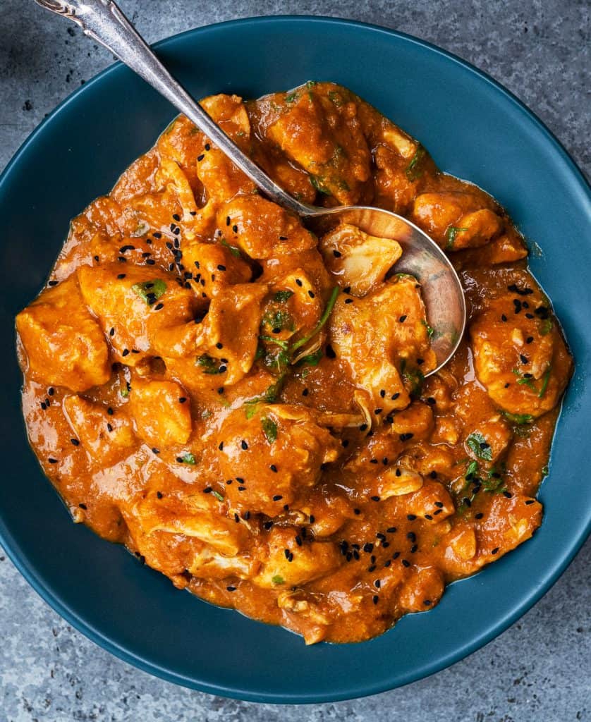 Close up on a bowl of easy chicken curry prepared in the slow cooker