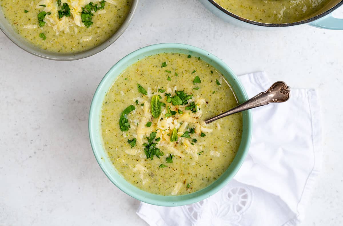 Bowl of broccoli soup with cheddar