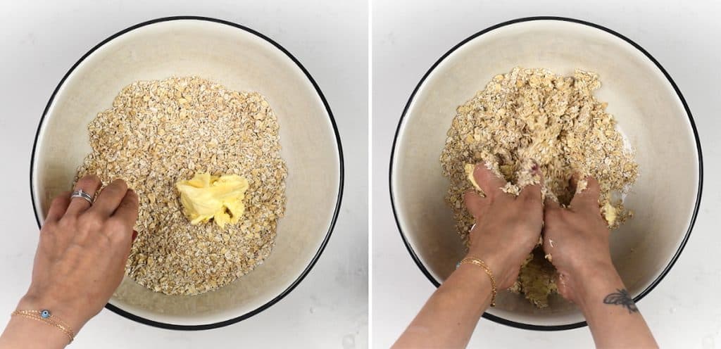 Making oat crumble topping in a bowl