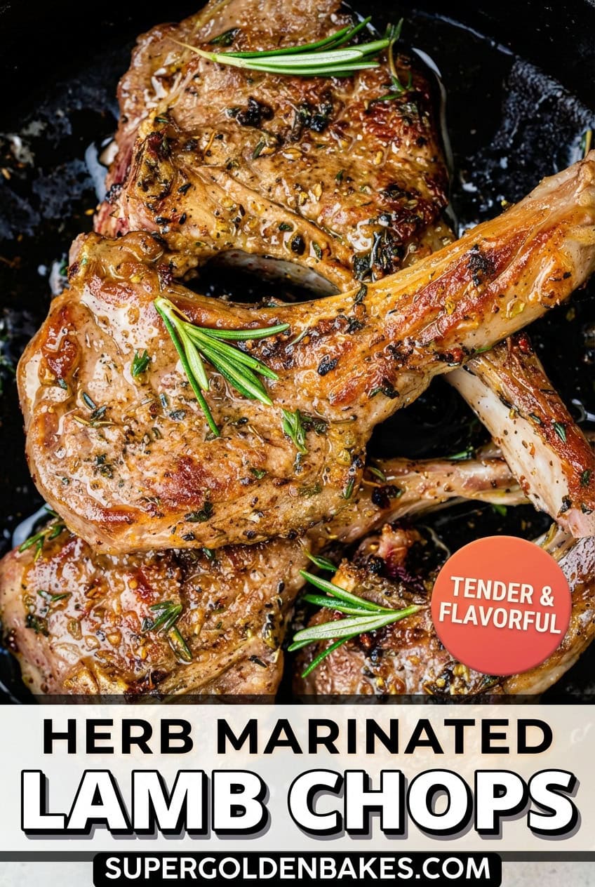 Three cooked herb-marinated Lamb Chops garnished with rosemary are shown in a skillet. A circular label reads Tender & Flavorful, and text at the bottom says Herb Marinated Lamb Chops with a website URL.