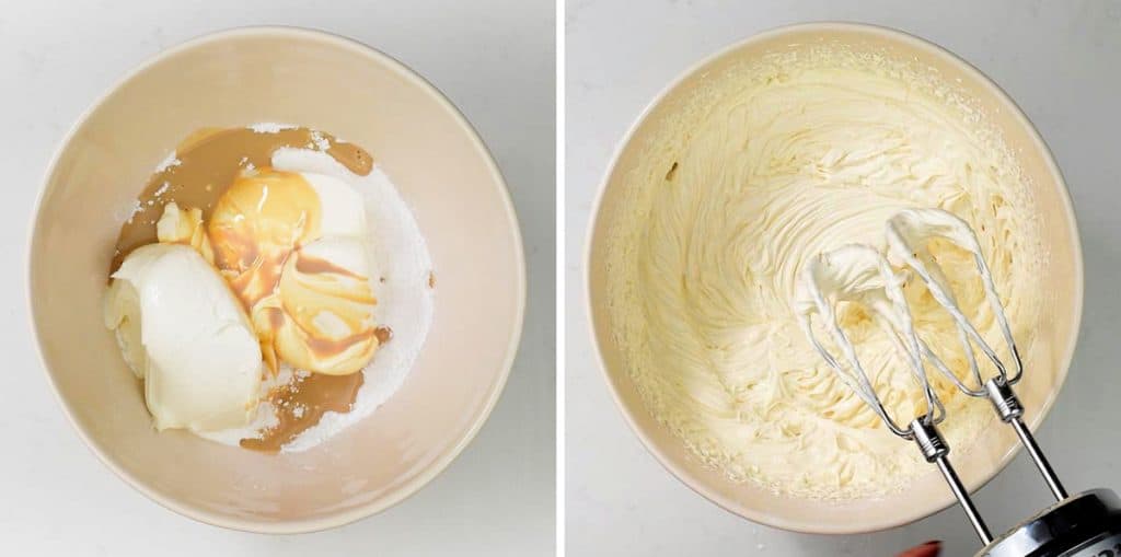 making mascarpone frosting in a bowl collage