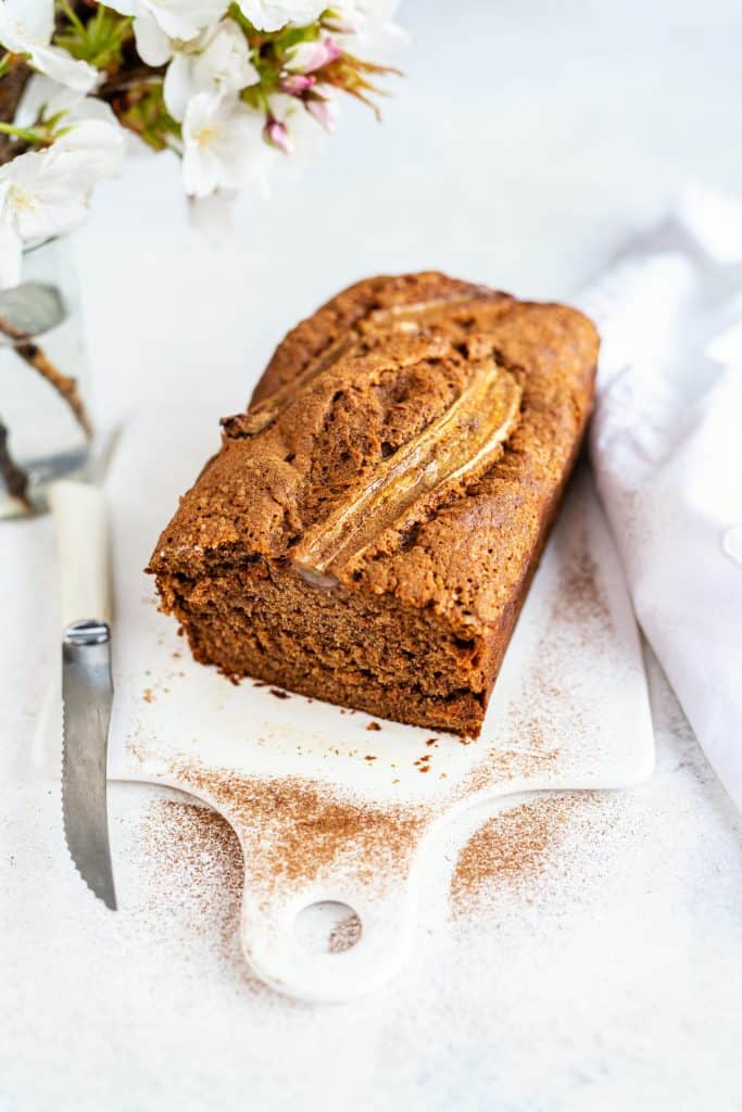 Egg free banana loaf with slice cut out