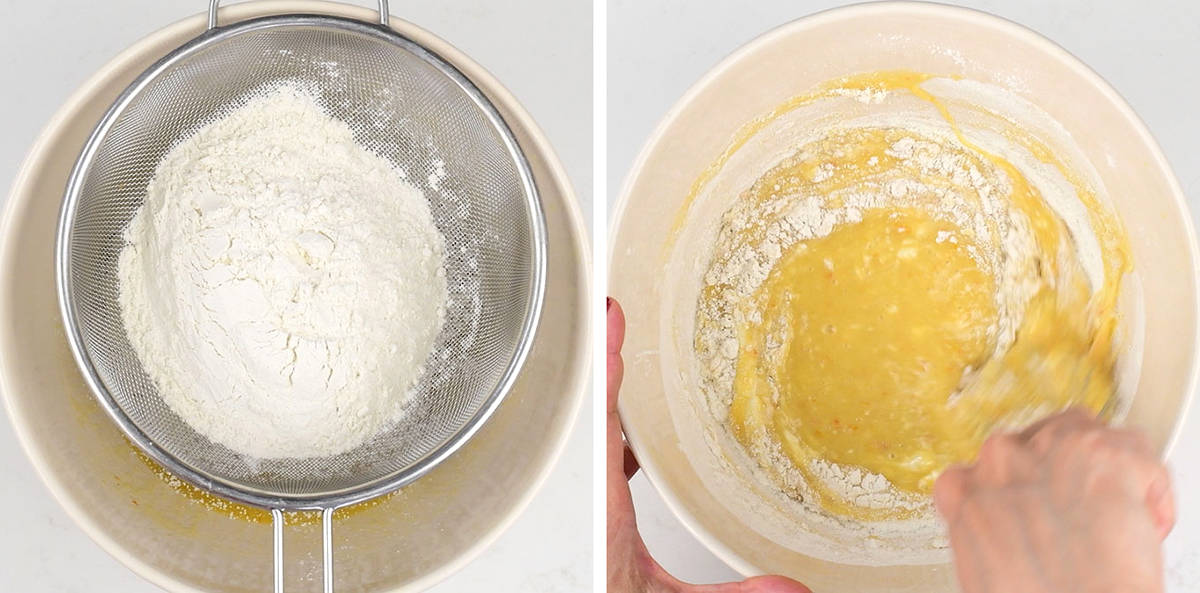 adding flour to cake batter collage