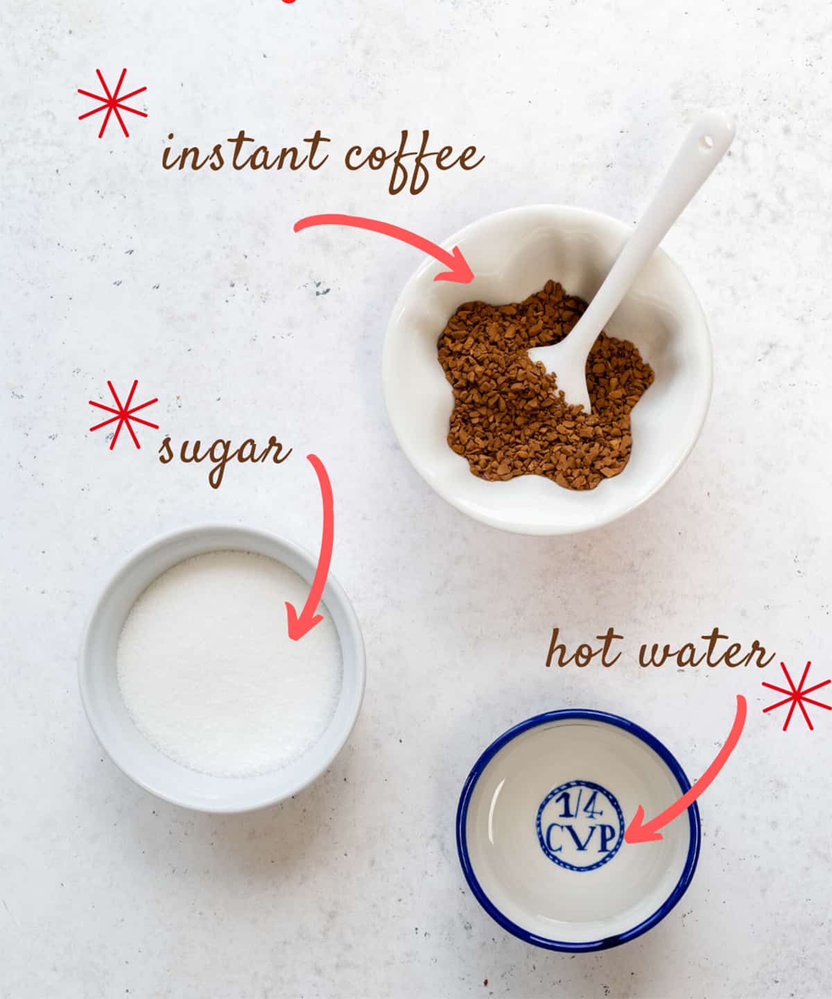 Whipped coffee ingredients: instant coffee, sugar and hot water