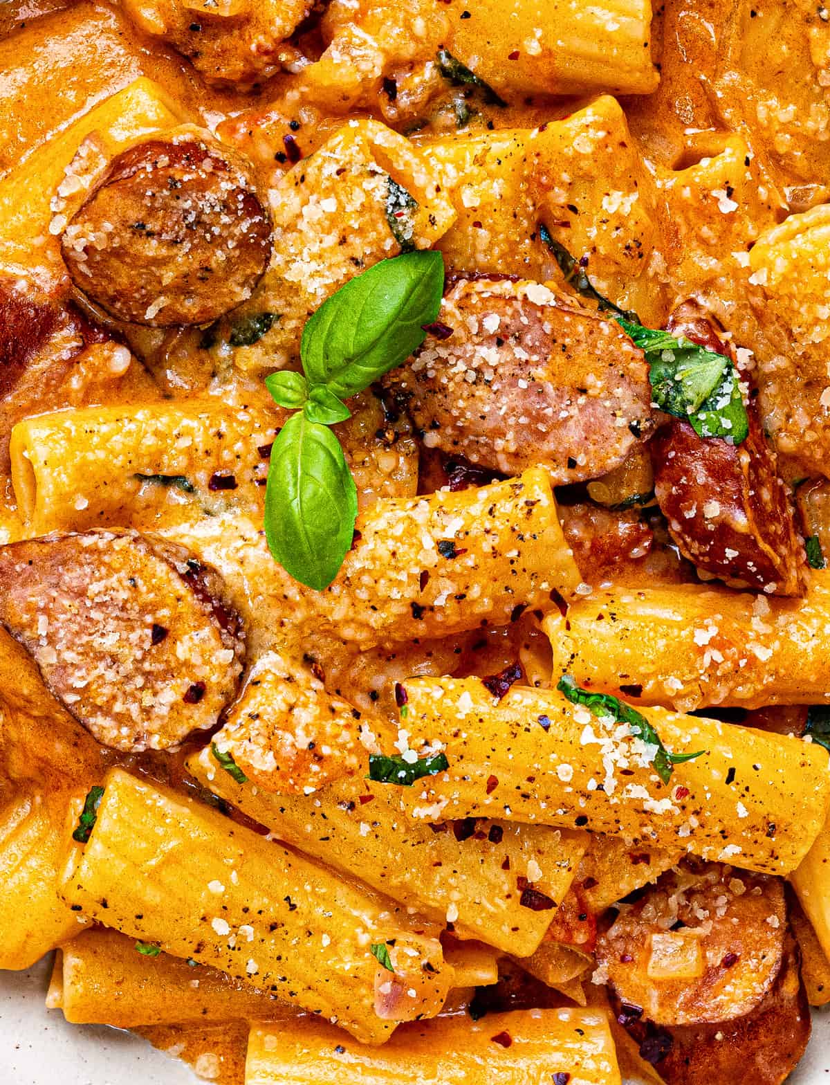 extreme close up on kielbasa pasta