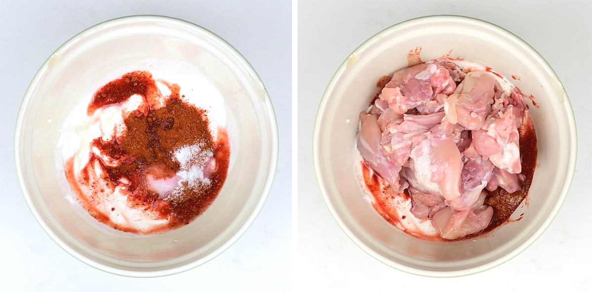 Yogurt, tikka powder and lemon juice in a bowl collage
