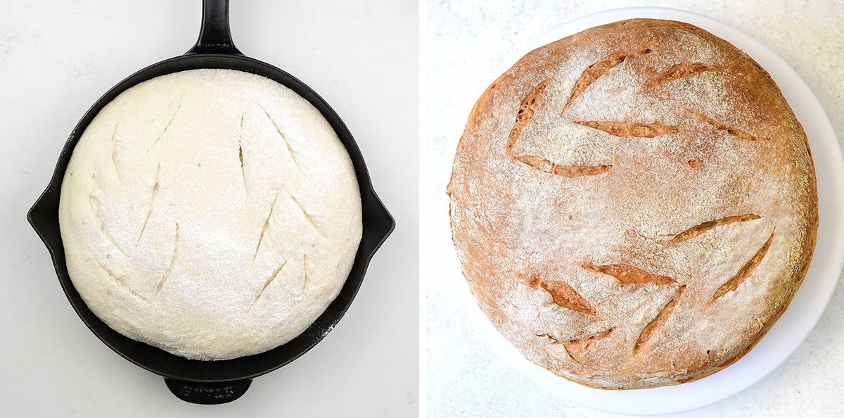 making no knead bread in a skillet collage