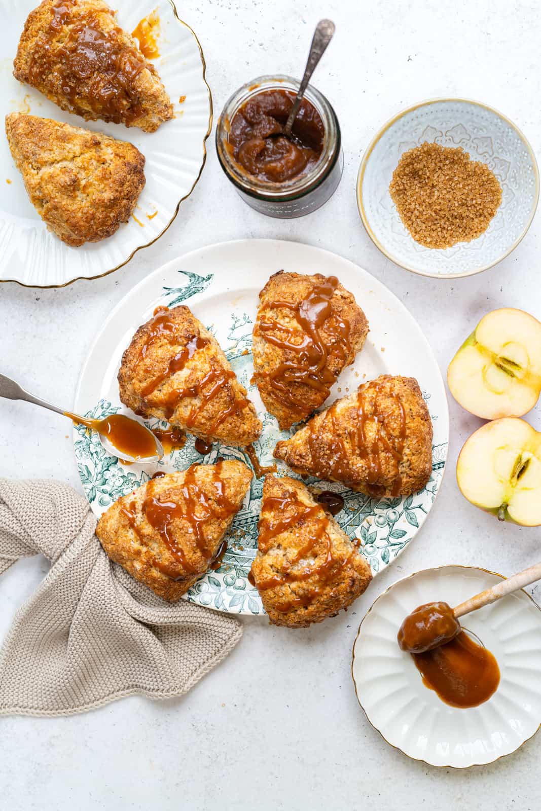 overhead view of apple scones drizzled with caramel sauce