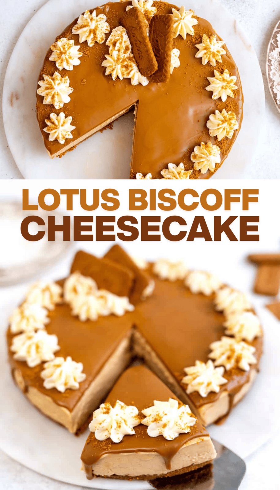 Top-down and angled views of a Biscoff Cheesecake topped with whipped cream, Biscoff cookies, and crumbs, with “Lotus Biscoff Cheesecake” text in bold between the images.
