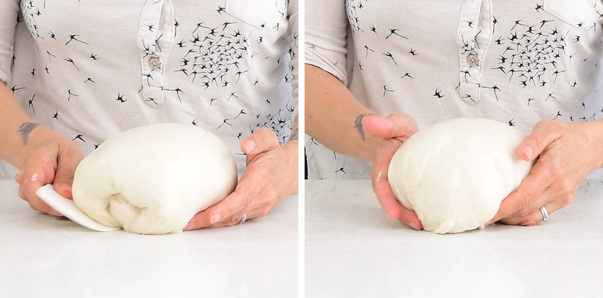 shaping bread dough into a round loaf