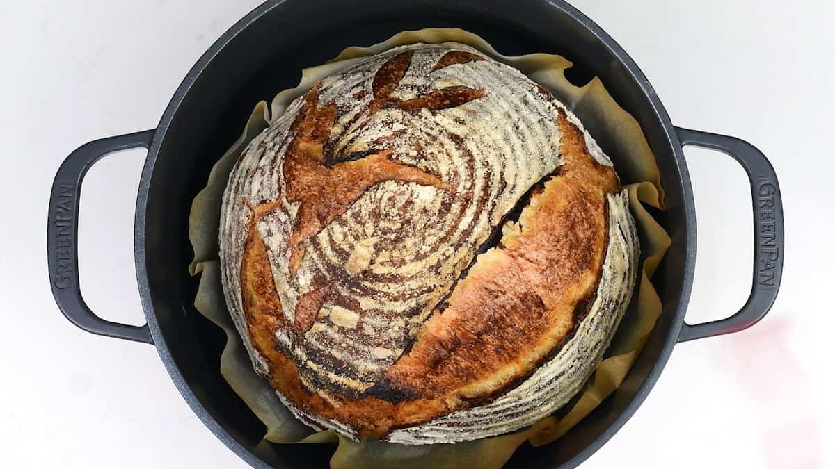 Artisan sourdough loaf in a Dutch oven