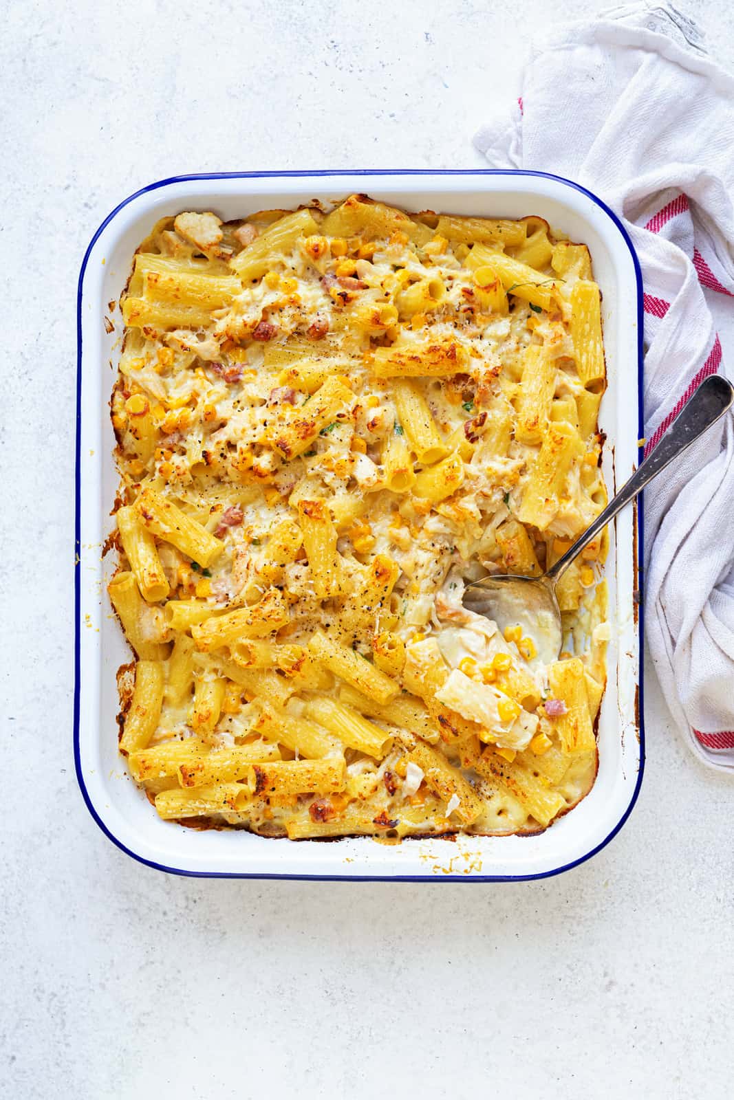 Chicken and Bacon pasta bake in a large enamel baking dish
