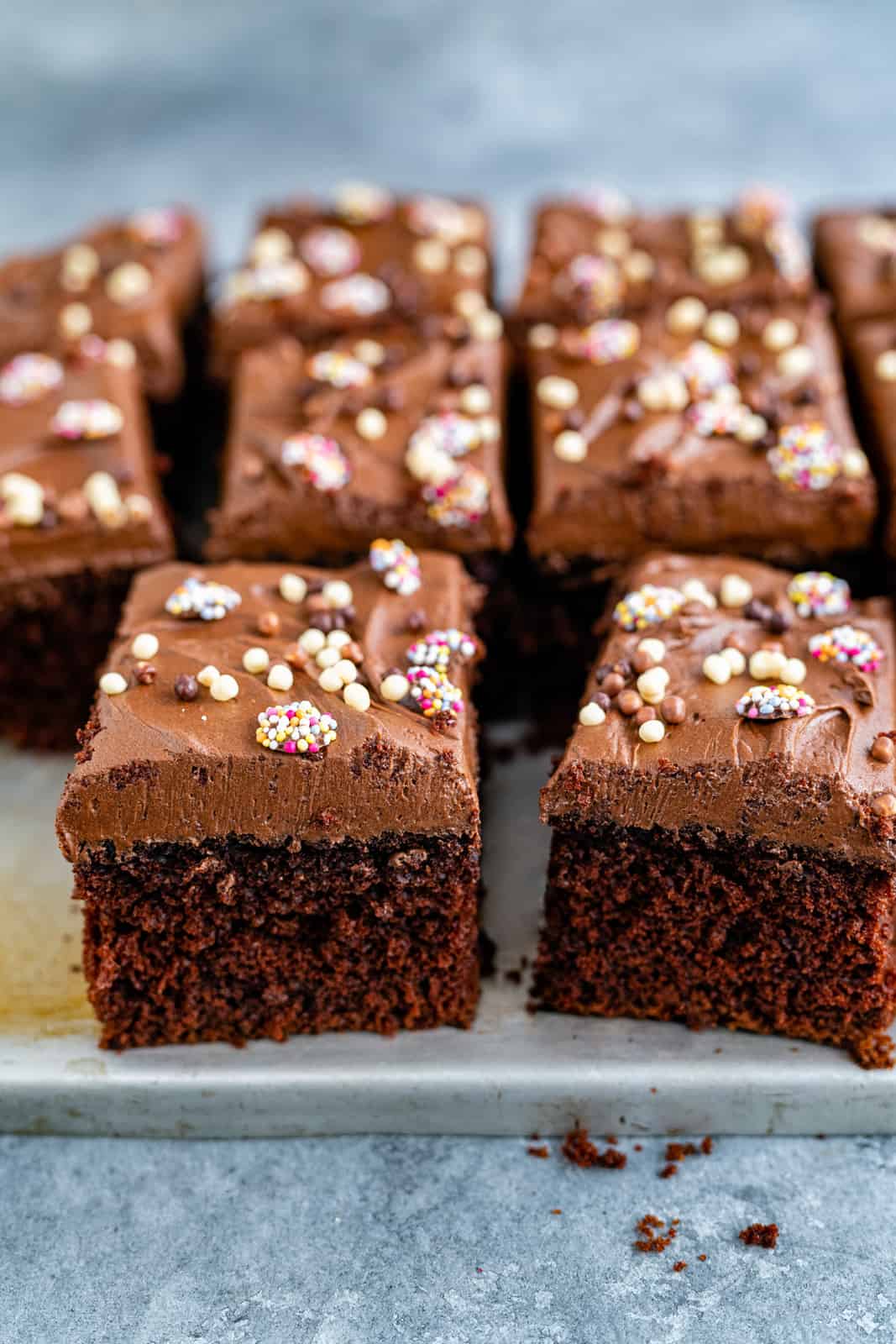 close up on slices of chocolate sheet cake