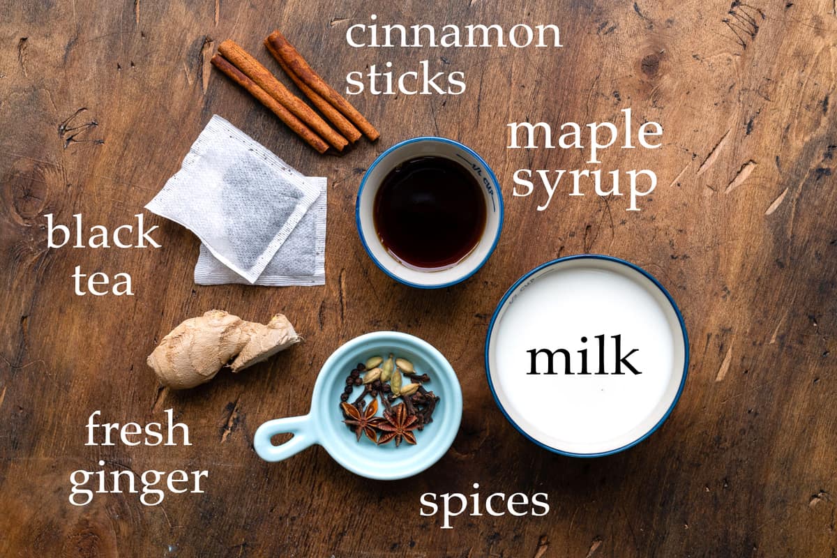 chai latte ingredients: spices, milk, black tea, ginger, milk