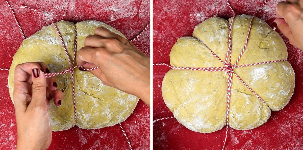 using string to shape a sourdough loaf into a pumpkin shape