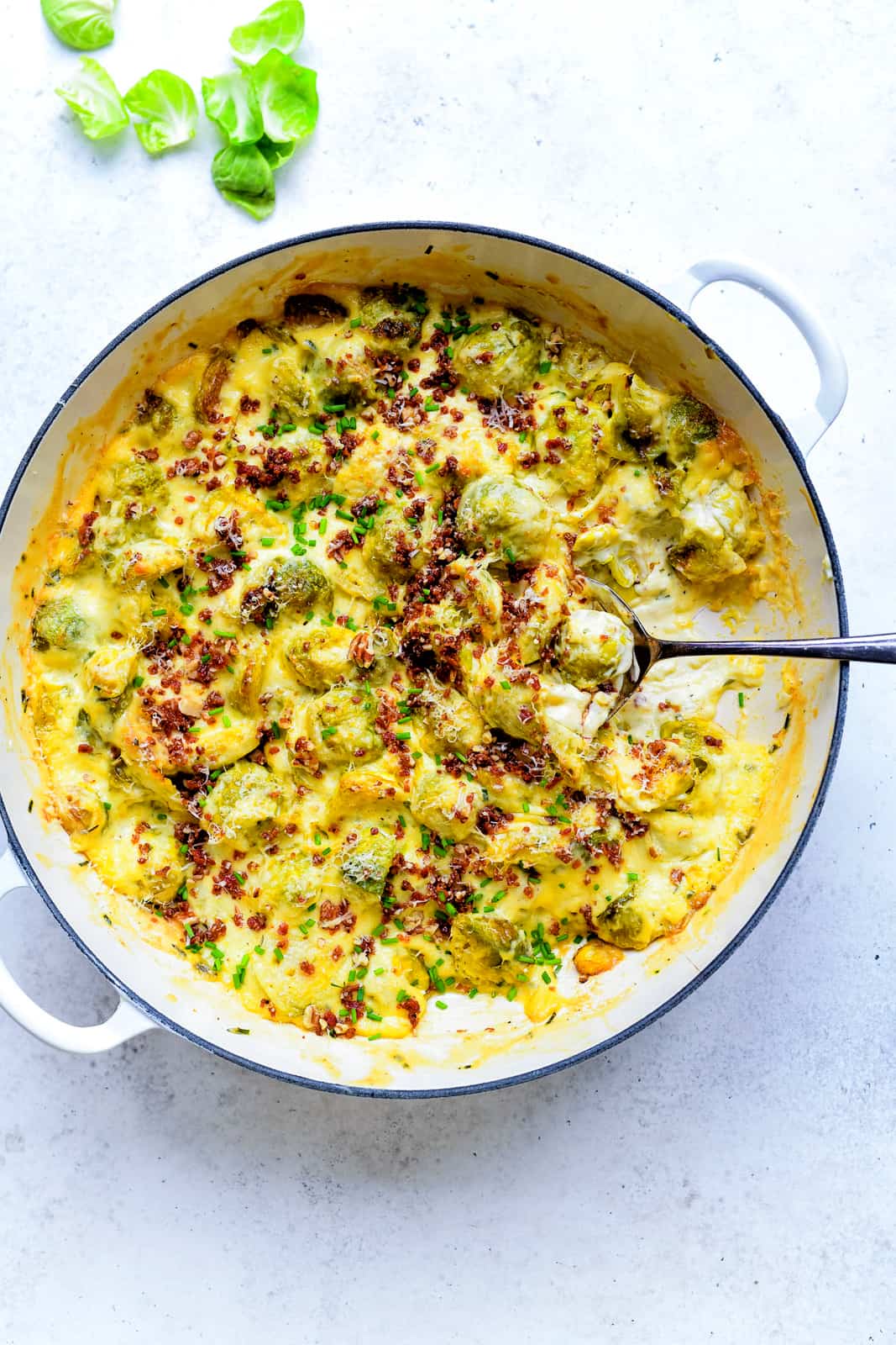 wide casserole of creamy baked Brussels sprouts garnished with cheese, bacon and chives