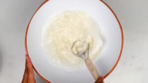 mixing sourdough starter and water in a bowl