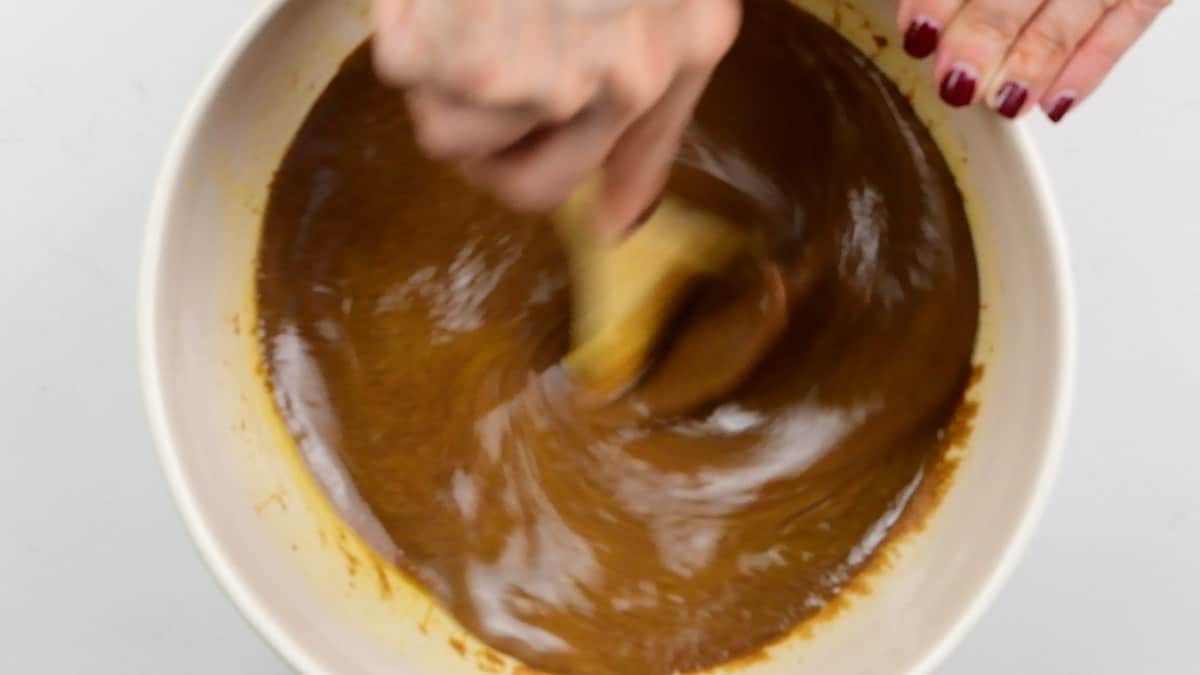 mixing gingerbread loaf batter in a bowl