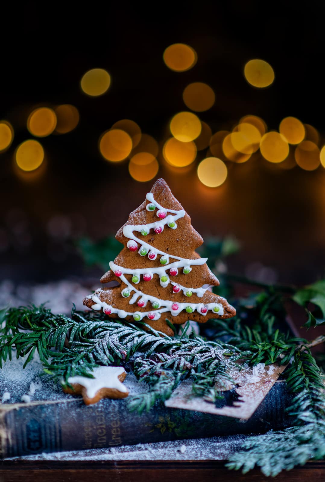 Christmas Tree shaped gingerbread cookie decorated with white icing and coloured sugar sprinkles