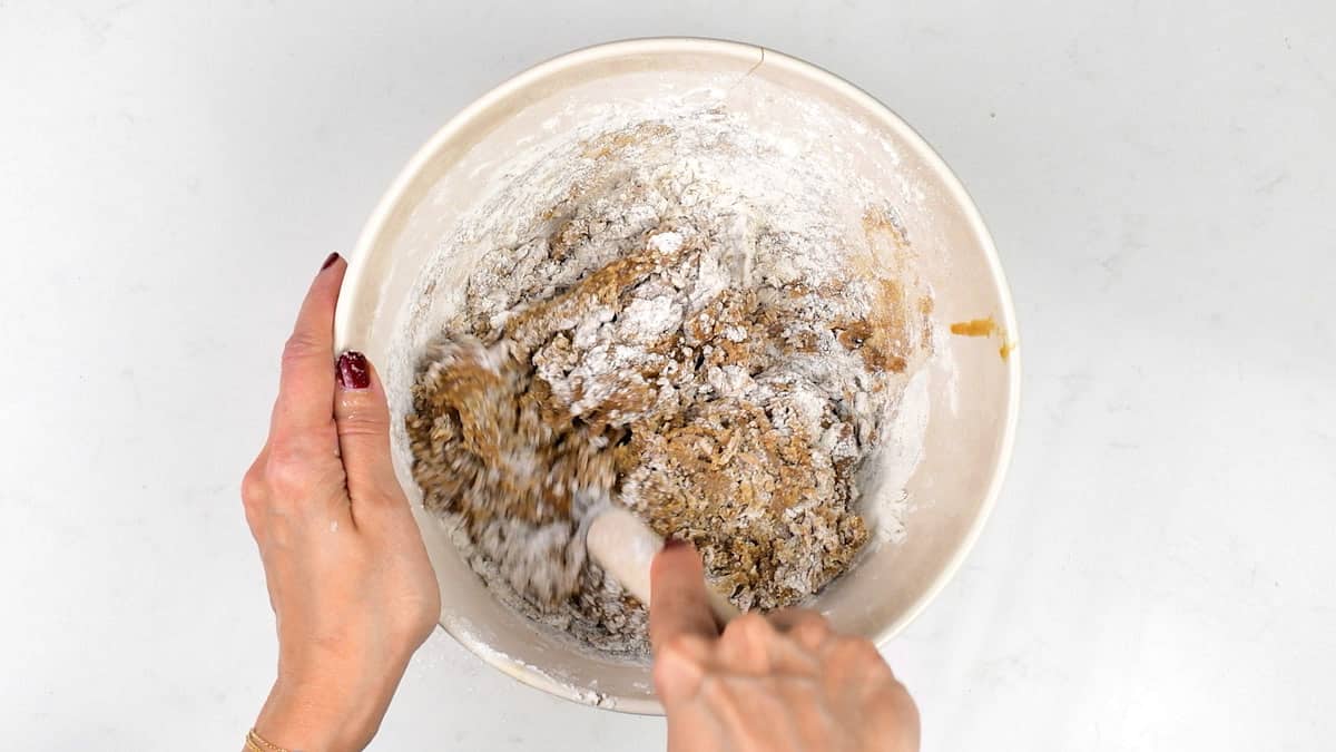 mixing flour into vegan gingerbread cookie dough in a bowl