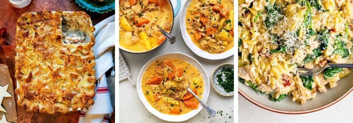 A collage showing three dishes: a baked Leftover Turkey Pie with a golden crust and a serving missing, two bowls of creamy turkey stew with vegetables, and a plate of creamy pasta with turkey and greens topped with grated cheese.