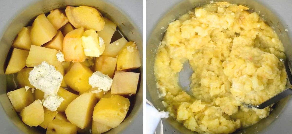 Side-by-side images show diced potatoes and butter in a pot on the left, and creamy mashed potatoes being mixed with a potato masher on the right—perfect for making Slow Cooker Mashed Potatoes.