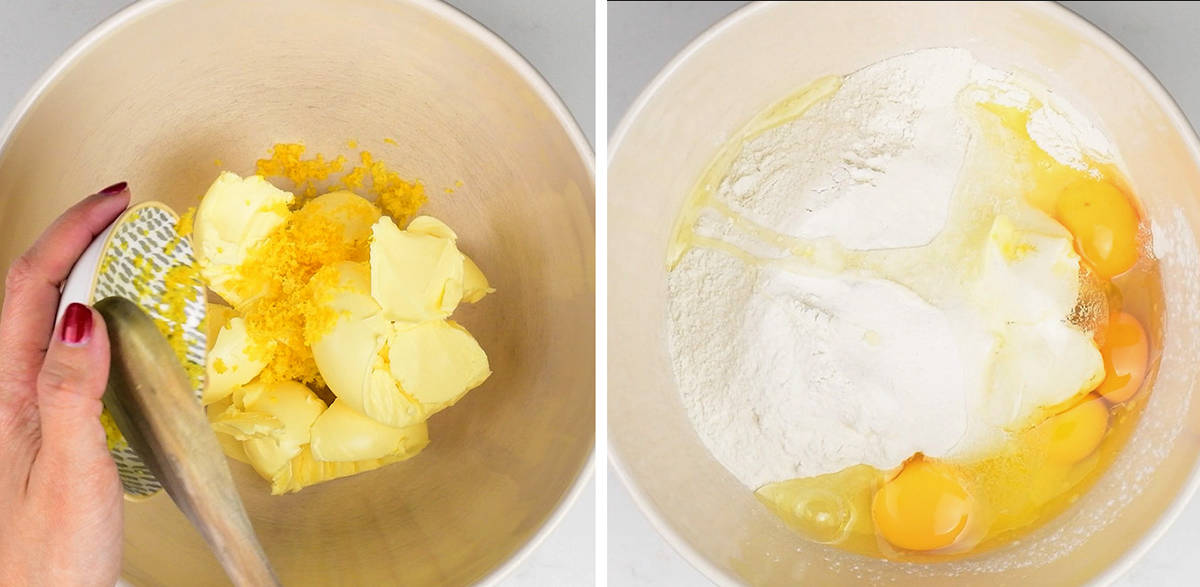 Adding ingredients for lemon cake in a mixing bowl collage